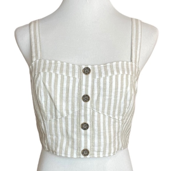 Sanctuary Bustier Linen Blend Stripe Crop Top with Smocked Back - Picture 2 of 9